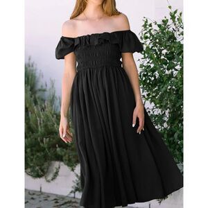 Square Neck Short Sleeve Smocked Ruffle Midi Dress Sz M